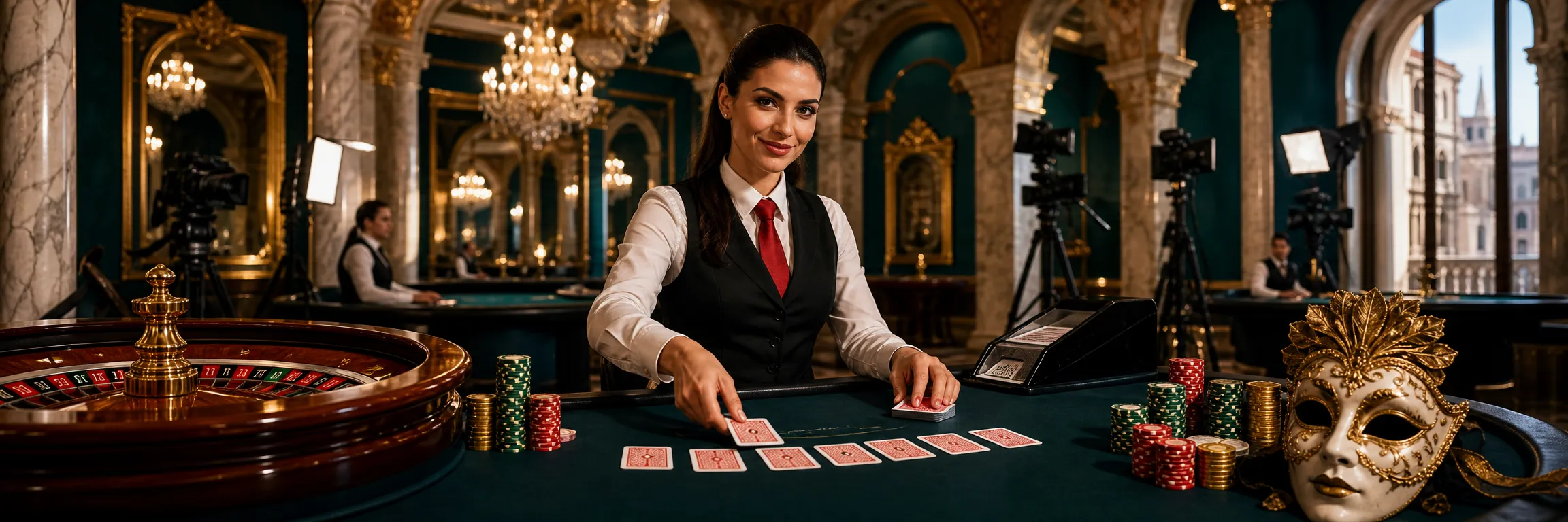 Studio di casinò live 22Bet con croupier, roulette e tavolo da blackjack